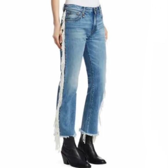 R13 Bowie Fringe Jasper Blue Jeans 100% Cotton Slim Straight 26 $495 - Picture 1 of 12